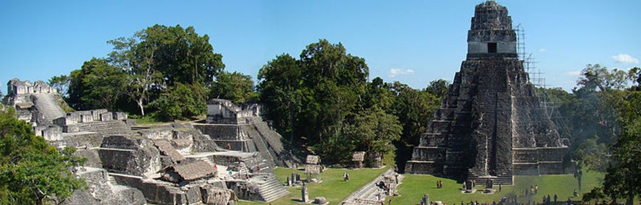 Temple I on The Great Plaza and North Acropolis seen from Temple II in Tikal, Guatemala, the capital of one of the most powerful kingdoms of the ancient Maya