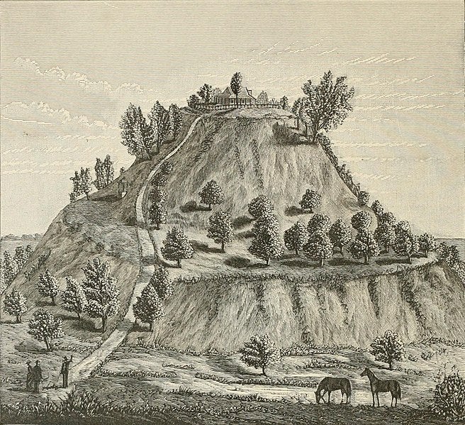 An 1882 illustration of Monks Mound in the Cahokia Mounds urban zone.